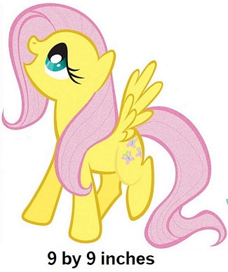 Yellow pony with pink hair and a tail, standing on a white background.