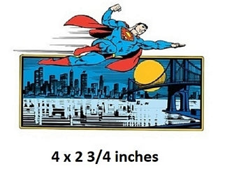 Superman flying over a cityscape with text indicating size.