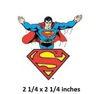 Superman logo with a size label '2 1/4 x 2 1/4 inches' on a white background