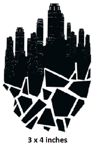 Black silhouette of a city skyline with shattered glass effect, size 3 x 4 inches.
