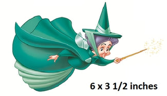 decal of a character in a green outfit with a wand, size 6 x 3 1/2 inches.