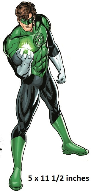 Superhero in green costume holding a glowing green lantern on a white background