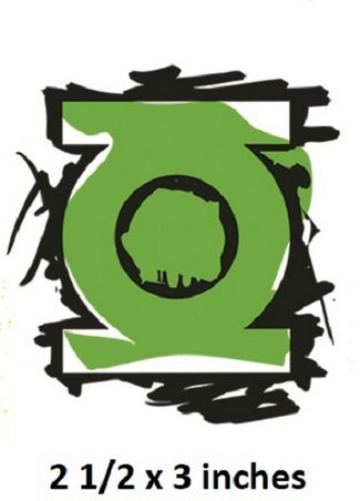 Green lantern logo with black frame and text indicating size on a white background