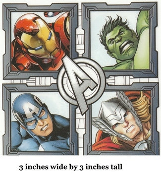 Four superhero characters in frames with a central Avengers logo 3 inches wide by 3 inches tall.
