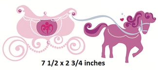 Pink horse and carriage illustration with text indicating dimensions.