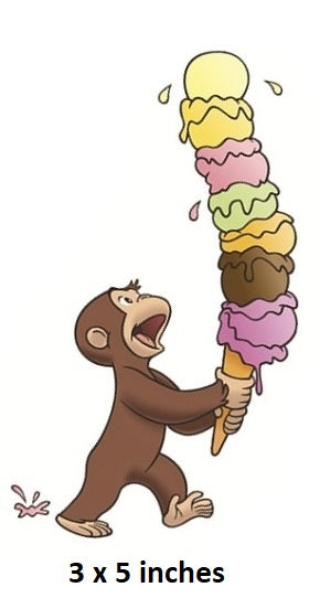 Cartoon monkey holding a tall stack of ice cream cones with text indicating size.