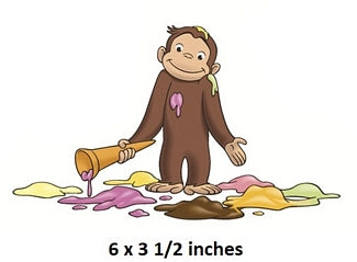 Cartoon monkey with colorful paint splashes and a cone on a white background