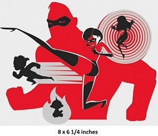 Red superhero figure with black silhouette of a woman and children, holding a shield with a spiral design.