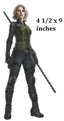 Character in green and black outfit with text indicating size