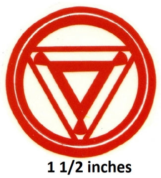Red symbol with a white triangle in the center on a white background, labeled '1 1/2 inches'.