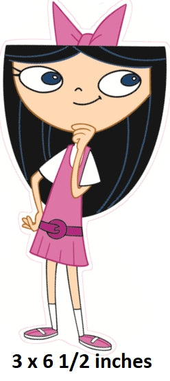 Cartoon character with black hair, pink dress, and shoes on a white background