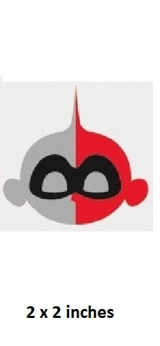Logo with a stylized face divided into red and gray halves, with text '2 x 2 inches' below.