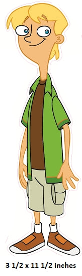 Cartoon character with blonde hair, glasses, green shirt, brown vest, beige shorts, and brown shoes on a white background.