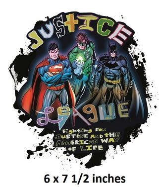 Justice League logo with Superman, Batman, and Green Lantern against a black background.