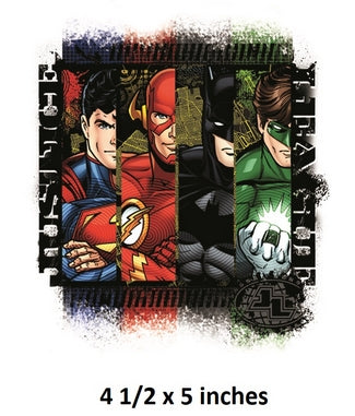 Four superhero characters in a row with text indicating size '4 1/2 x 5 inches'.