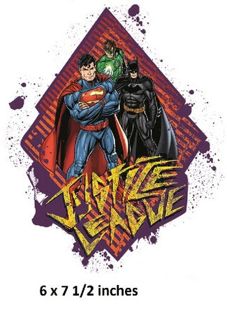Superheroes in a diamond shape with 'Justice League' text on a white background
