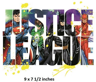 Superheroes in colorful costumes with 'Justice League' text on a white background