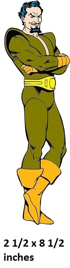 Cartoon character in green and yellow outfit with text indicating size