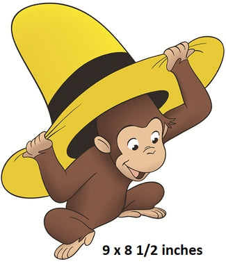Cartoon monkey with a large yellow hat on a white background