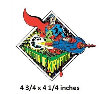 Superman sticker with text 'Son of Krypton' on a white background