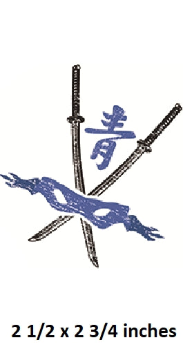 Three swords crossed over each other with blue Japanese text on a white background, size 2 1/2 x 2 3/4 inches.