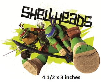 Two turtles with swords on a colorful background, labeled 'Shellheads'.