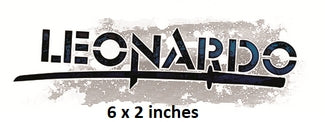 Leonardo logo with size indication on a textured background