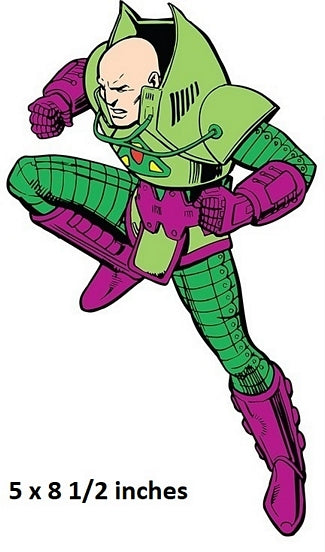 Cartoon character in green and purple costume with text indicating size.