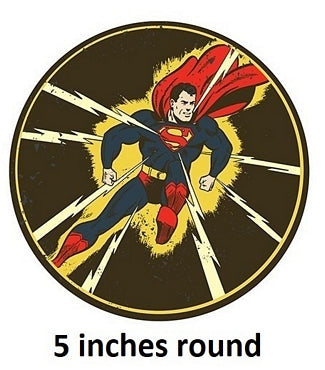 Superman graphic on a round black background with text indicating size