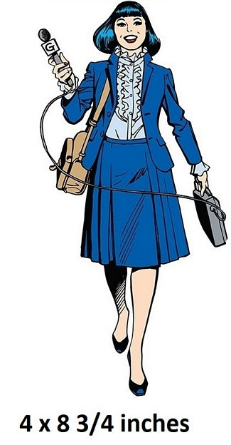 Cartoon character in a blue suit with accessories on a white background