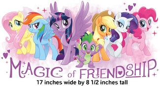 Cartoon ponies with 'Magic of Friendship' text and dimensions.
