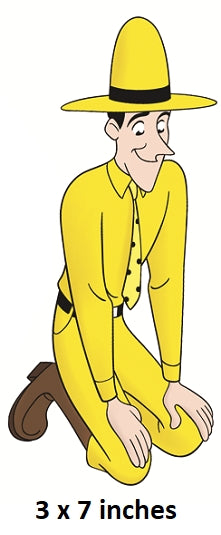 Cartoon character in yellow outfit and hat on a white background