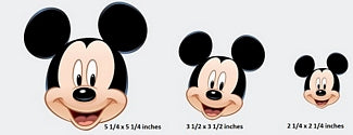 Three sizes of Mickey Mouse face cutouts with measurements below.