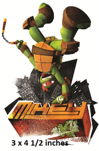 Action figure of a green turtle with orange shell, standing on a box with 'Michel' branding.