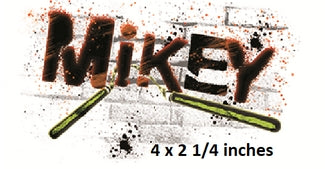 Logo with the name 'Mikey' and dimensions on a white background