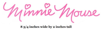 Pink 'Minnie Mouse' logo with dimensions on a white background