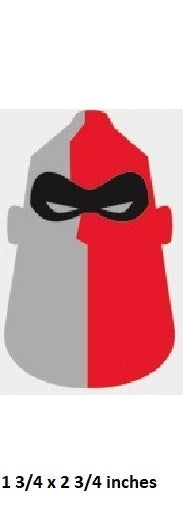 Red and gray mask with black eye design on a white background
