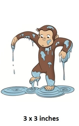 Cartoon monkey with blue paint splatters on a white background