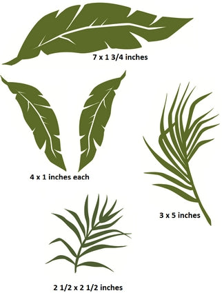 Set of green leaf decals with dimensions on a white background