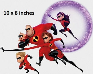 Cartoon characters in superhero costumes with a purple circle and text indicating size.