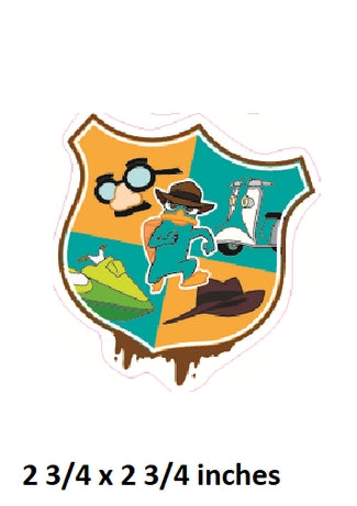 Shields sticker with cartoon characters and text '2 3/4 x 2 3/4 inches' on a white background