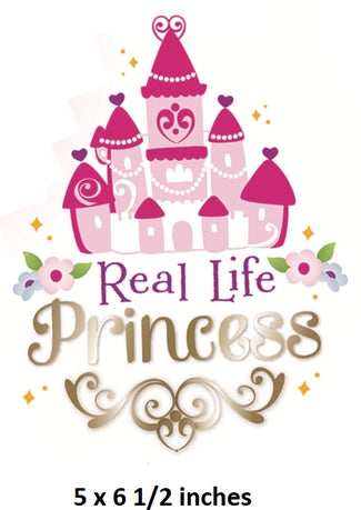 Decorative sticker with a castle and 'Real Life Princess' text on a white background