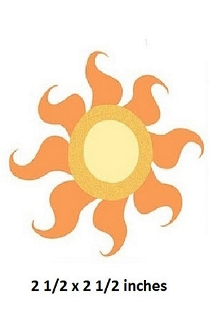 Sun-shaped object with dimensions 2 1/2 x 2 1/2 inches on a white background