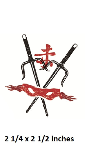 Two crossed swords with a red symbol resembling a mask on a white background, with text indicating size.