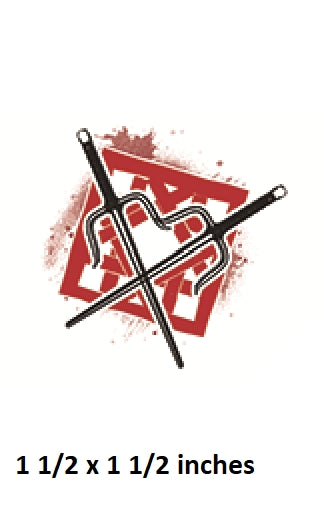 Logo with crossed sticks and a red square on a white background, with text indicating size.