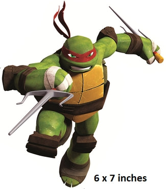 figure of a green turtle with red mask, brown shell, and white gloves on a white background.
