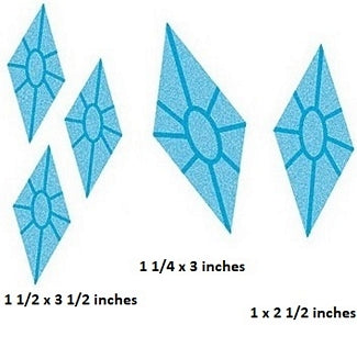 Set of diamond-shaped blue stickers with dimensions indicated below each.