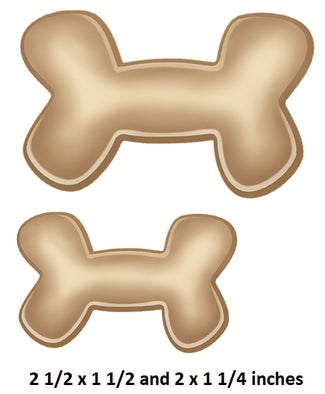 Two bone-shaped decals with dimensions on a white background