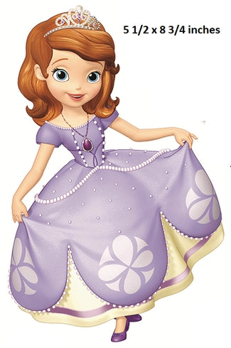 Cartoon character in a purple dress with a tiara, standing on a white background.