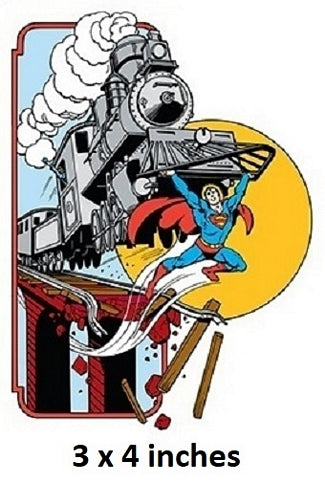 Superman leaping in front of a steam locomotive with a yellow circle in the background, size 3 x 4 inches.
